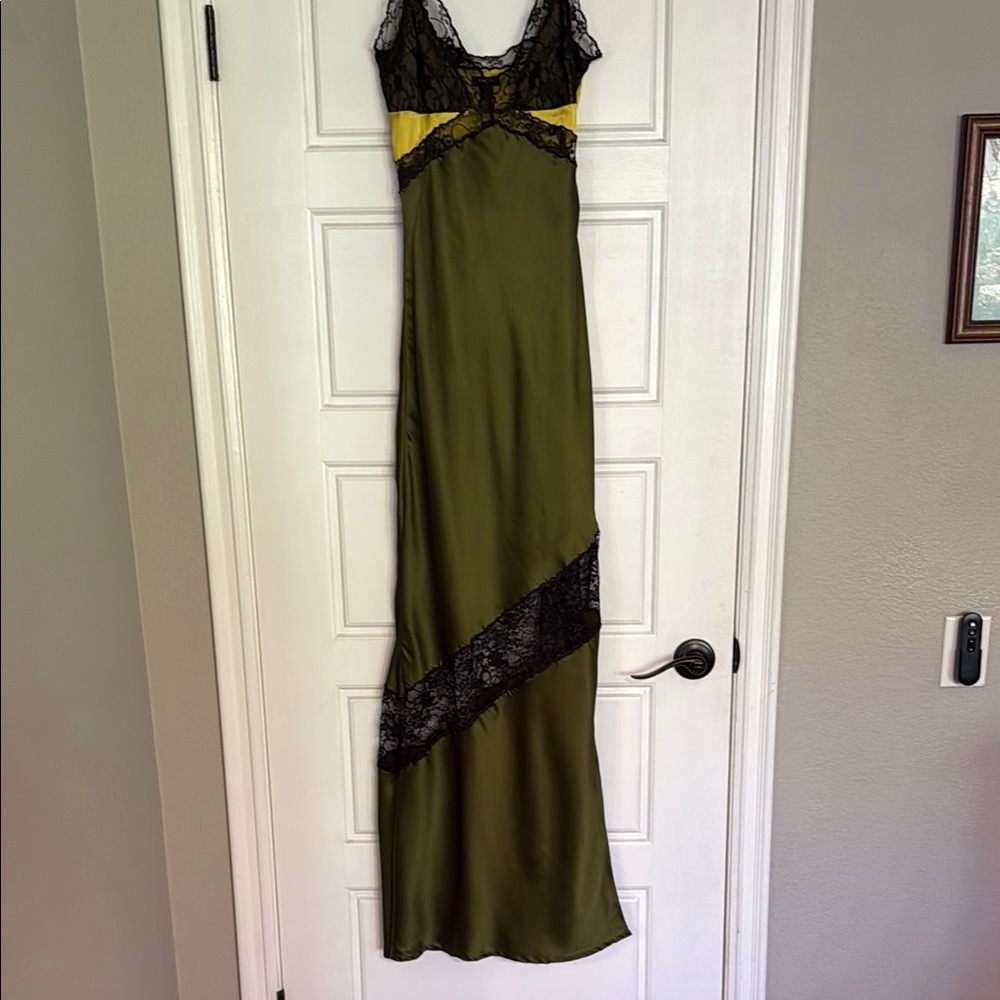 Nasty Gal Green Maxi Dress with Black Lace and Yellow Stripe